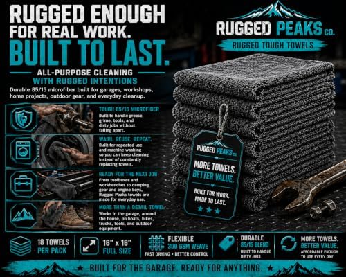 Rugged Peaks Co. 18-Pack Microfiber Towels for Cars – 300 GSM All Purpose Car Detailing Cleaning Cloths for Auto, Garage & Home, Dual Pile, 16x16 in (Gray)