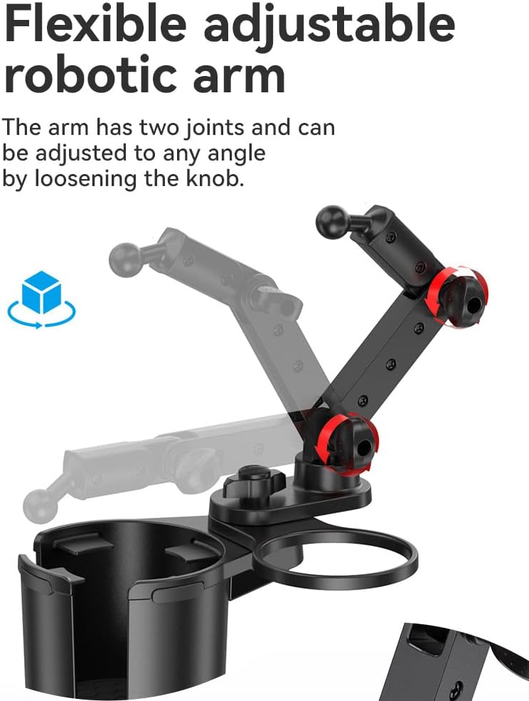 Car Phone Holder with Cup Holder Mount, 2 in 1 Universal Cup Holder Expander Adjustable Base with Phone Mount, Long Adjustable Arm with 360°Rotation Cup Holder ，Compatible with All Smartphones，Black
