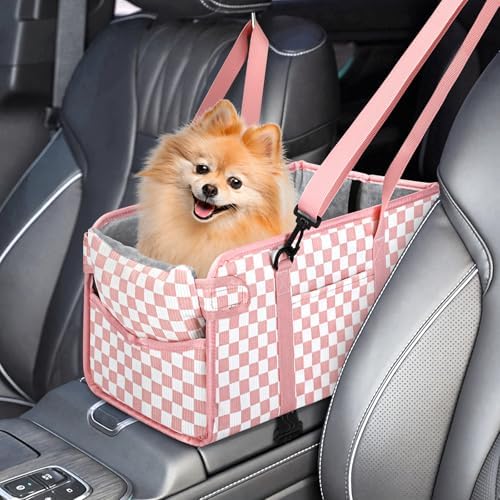 Console Dog Car Seat - Portable Dogs Armrest Booster Seat for Small Dog, Foldable Pet Car Seat with Safety Belt, Pink Checkered