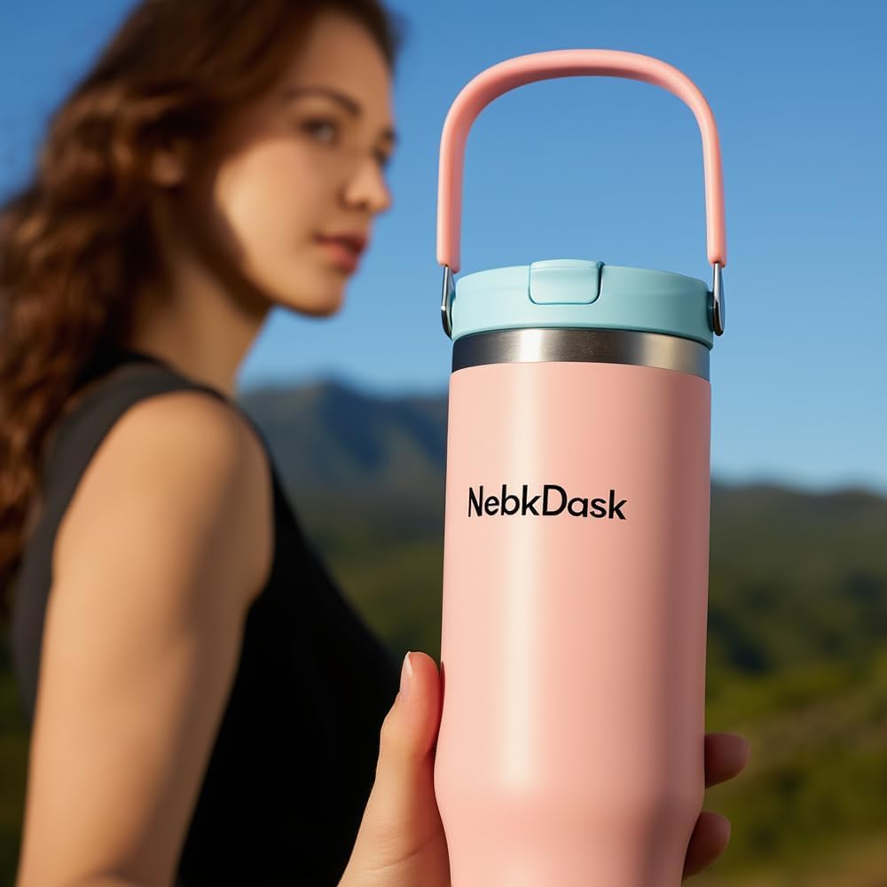 40 oz Insulated Stainless Steel Bottle with 2-in-1 Straw and Spout Lid, Water Bottle with Carry Handle Keep Cold 24H, Leak-Proof, Fits in Car Cup Holder, Travel, and School（Pink）