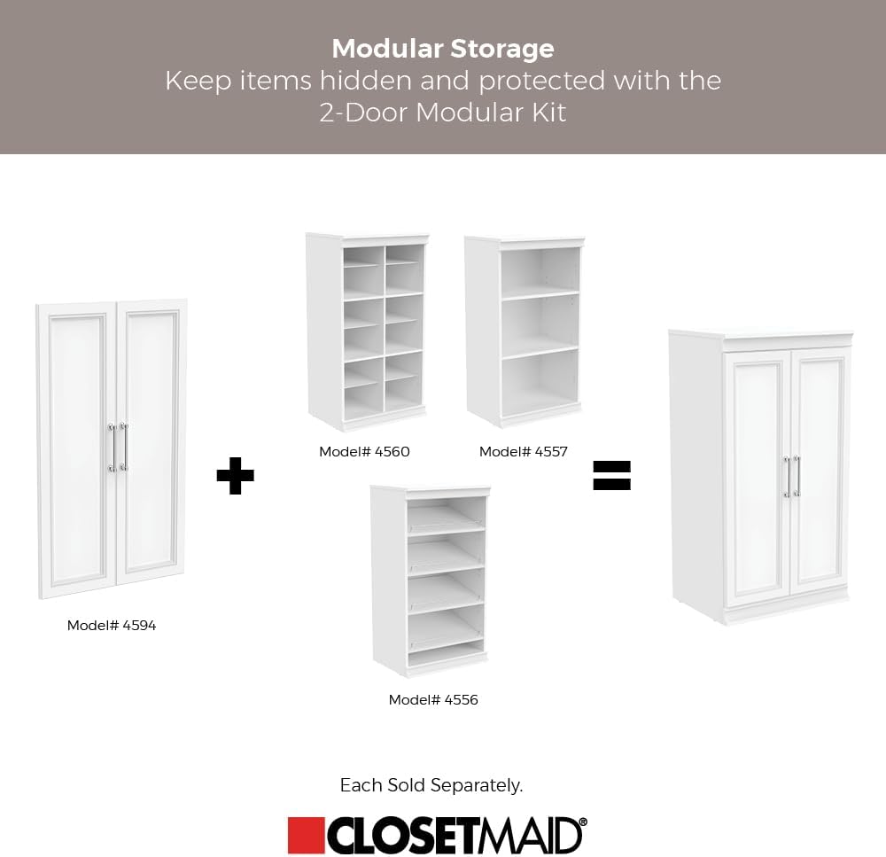ClosetMaid Modular Storage Pair Set, 2 Glass Pane Doors, Wood Closet Organizer Shaker Style, Add On Accessory for Shelf Units, White, 34.88" H x 21.02" W x 1.81" D