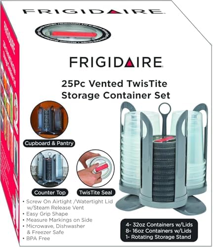 Twist Tight 25-Piece Set Airtight/Watertight/Vented Steam Release Lids/Plastic Food Storage Containers And Rotating Carry Storage Food Container Organizer Rack System