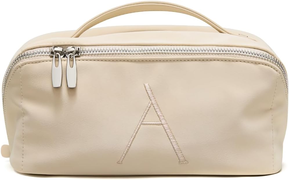 EACHY Travel Makeup Bag for Women, Personalized Initial A Cosmetic Bag