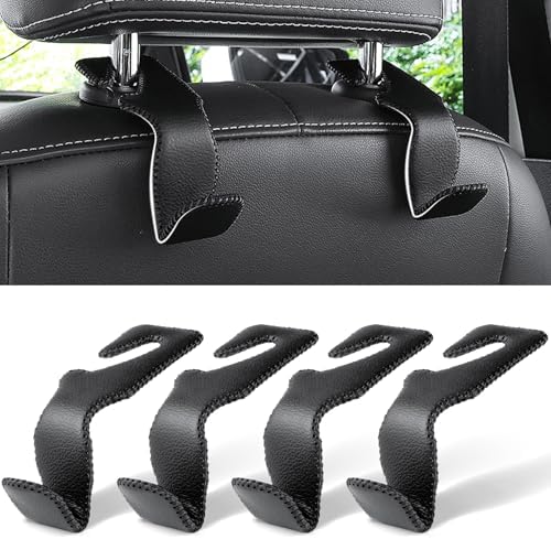 LivTee Headrest Hook for Car, Back Seat Organizer Black Leather Hanger Holder Hook, Interior Car Accessories for Hanging Purses Bags Coats, 4 Pack