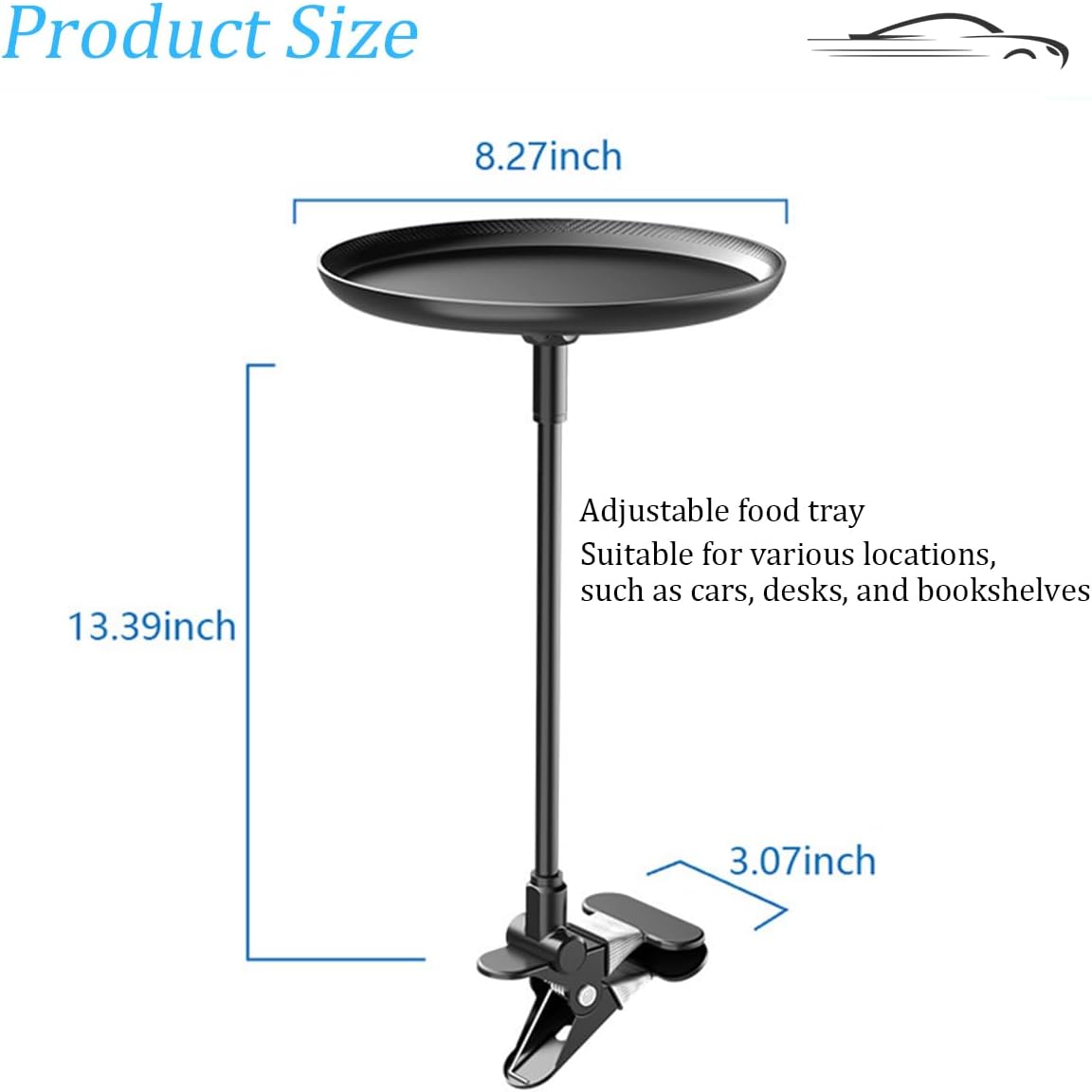 Car Adjustable Food Tray, 360 Degree Swivel Non-Slip Clip Type Vehicle Snack Drink Cup Eating Table, 8.7" Diameter Automotive Food Storage Dining Tray, Universal for Vehicles