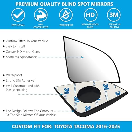 Convex Stick On Custom Fitted Blind Spot Mirrors Compatible With Toyota Tacoma 2016-2026- Engineered to Provide A Wider View
