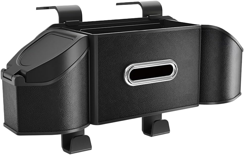 HZEL Car Seat Back Organizer, 7 in 1 Vehicle Backseat Storage Box with Cup Holder Tissue Box Trash Bin & Hooks, Multifunctional Auto Interior Headrest Organizer, Universal for SUV RV Truck (Black)
