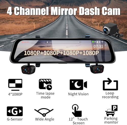 4 Channel Mirror Dash Cam, 360 Dash Camera FHD 1080P Front and Rear 12'' Full Touch Screen, Built-in WiFi, GPS, Parking Monitor, IR Night Vision with Free 128G Card