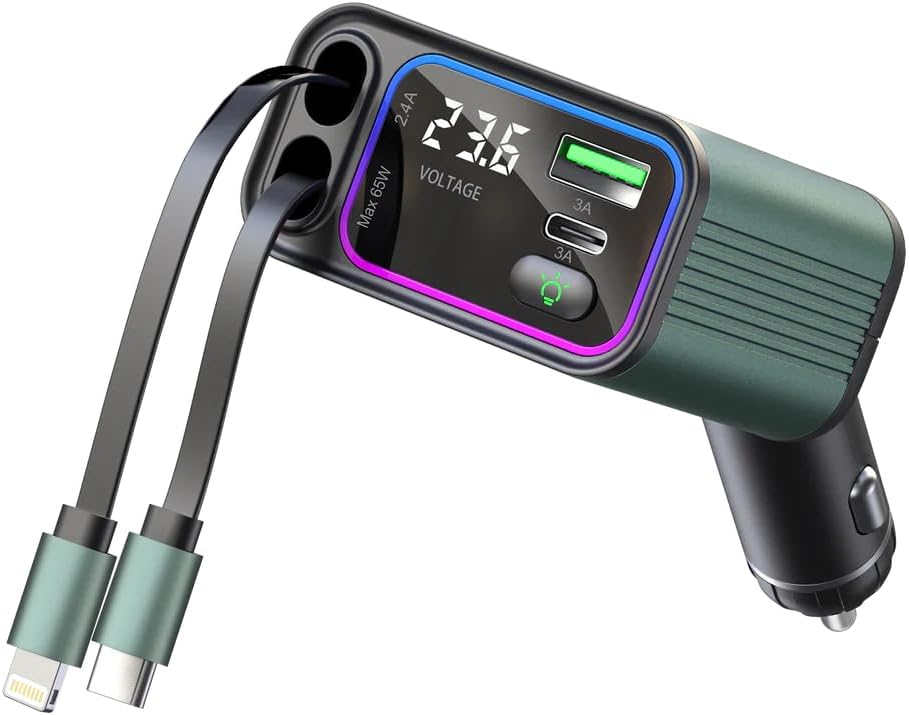 TRON 4 in-1, USB C Car Charger 65W,Retractable Cables (2.6Ft) and 2 USB Ports Car Charger Adapter,USB-C & USB-L Cable,Quick Charge for Android & iPhone &iPad,TR32
