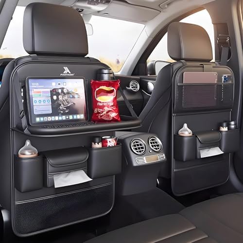 2 Pack Universal Foldable Car Backseat Organizer with Table Tray, Car Seat Back Protector with Touch Screen Phone Holder, Premium Leather Kick Mats with Storage Pockets Tissue Box (Black)