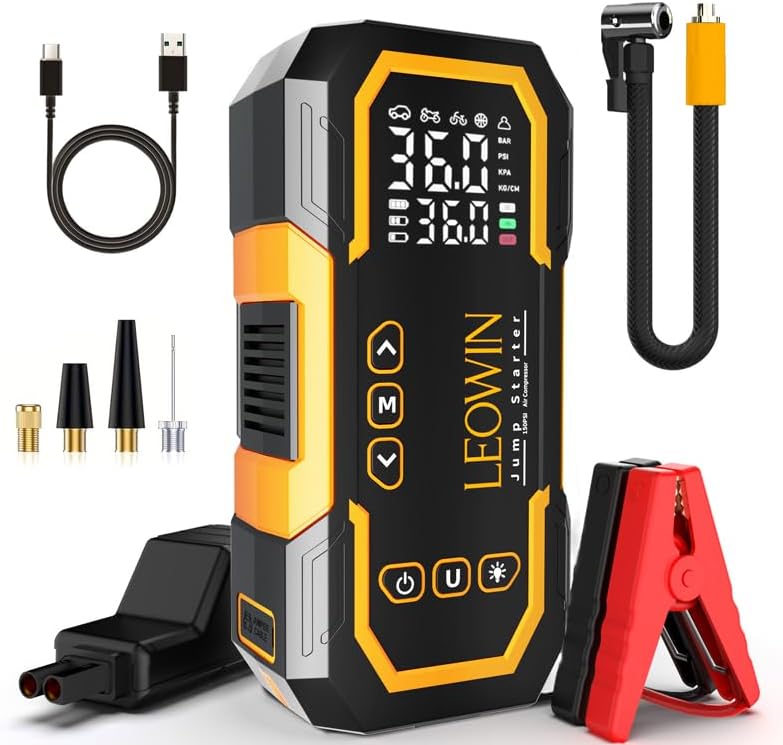 Jump Starter with Air Compressor, Battery Jumper Starter Portable(9.0 Gas/6.5L Diesel) with Tire Inflator, 12V Car Battery Jump Starter with Smart Jumper Cables, LED Light, LCD Display