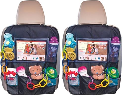 Nuby Backseat Car Organizer Set: Organizer with Tablet Holder, Storage Pockets and 5 Linkable Hooks for Attaching Accessories | Easy to Clean Black (Pack of 2)