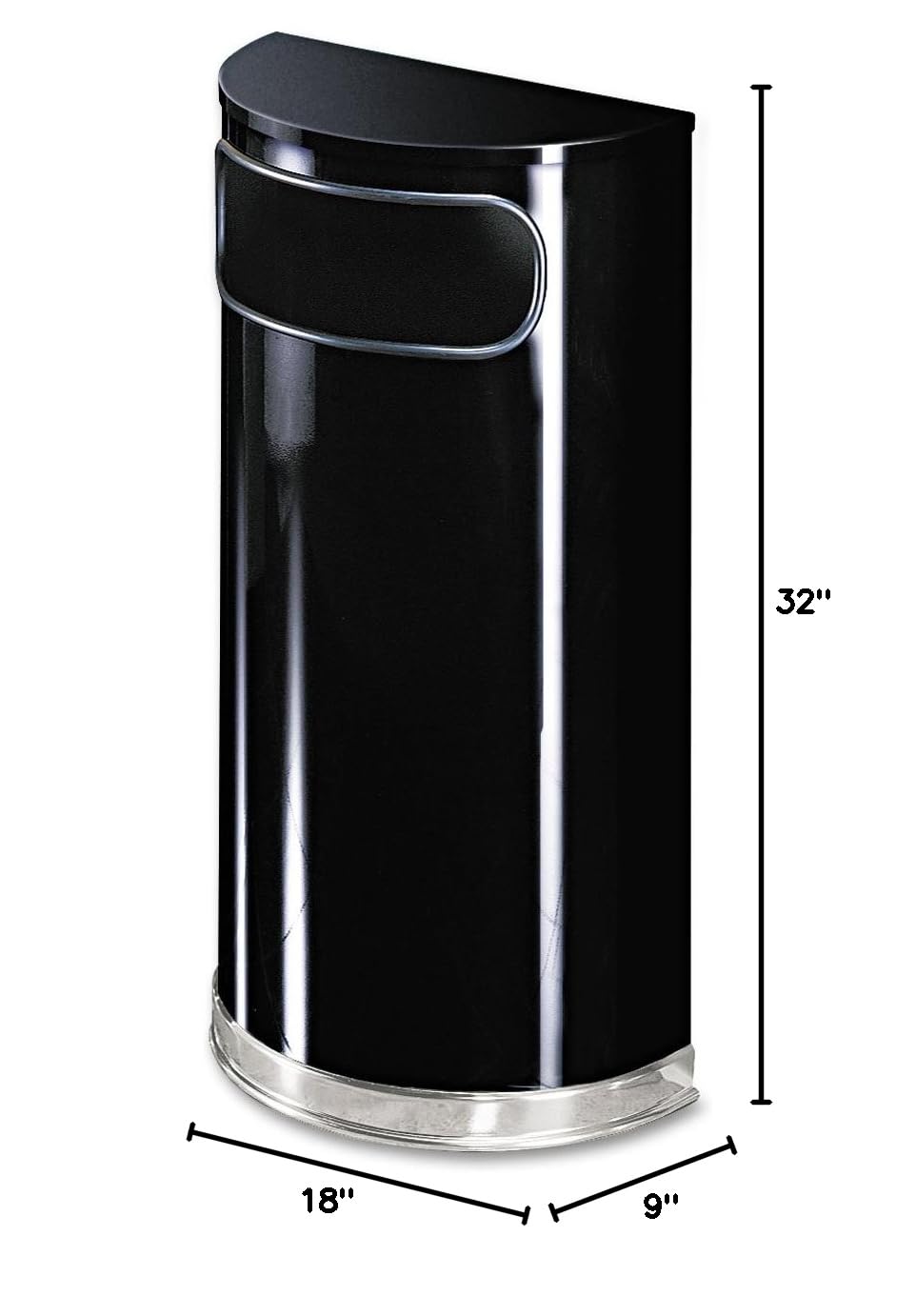 Rubbermaid Commercial Products European & Metallic Series Receptacle Half-Round Trash Can, 9-Gallon, Black/Chrome, Side Opening Indoor/Outdoor Waste Container for Lobby/Office/School/Restaurant
