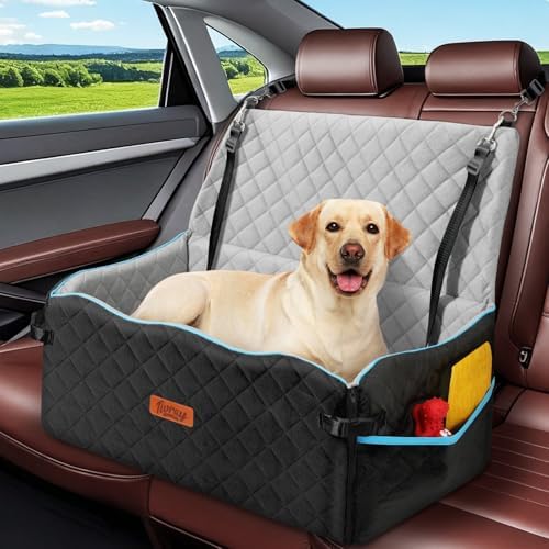 Large Dog Car Seat, Dog Car Bed for Large Dogs Under 60 lbs or 2 Small Breeds, Comfortable Pet Booster Seat with Soft Foam Thick Cushion, Detachable & Washable Pet Bed for Backseat, Black+Grey