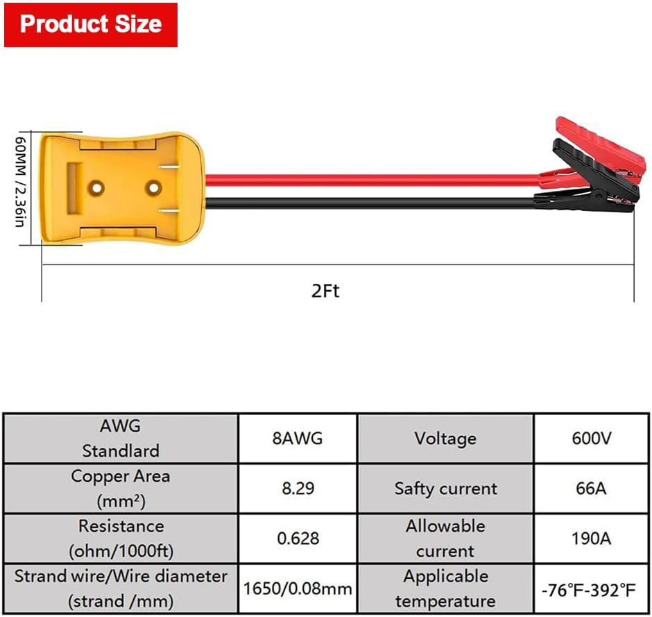 Jumper Cables with Adapter Compatible with DE.Walt 20V Batteries 8AWG 2FT