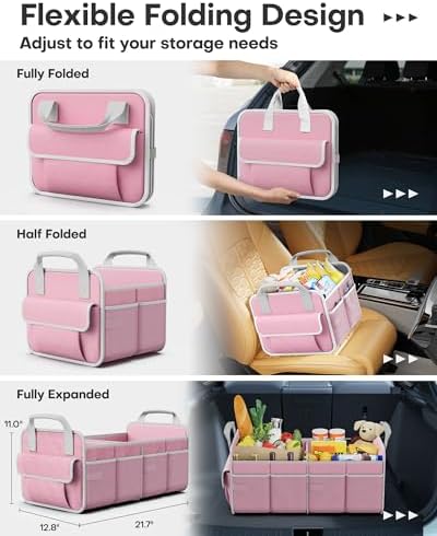 HOTOR Trunk Organizer for SUV – Foldable & Portable Car Organizers and Storage with 2 Compartments, Large Capacity Car Trunk Organizer Car Accessories for Truck Sedan, Pink, 21.7" x 12.8" x 11.0"
