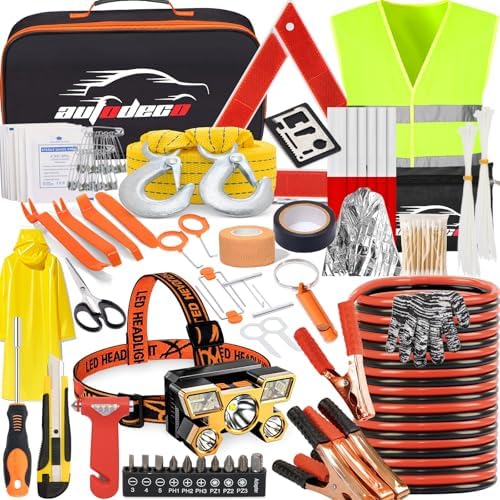 126pcs Roadside Emergency Car Kit - Auto Safety Kit Vehicle Outdoor Automotive Interior Kits with Jumper Cables