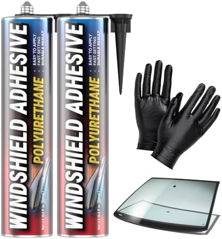 [2 Pack] Polyurethane Windshield Adhesive - Quick Curing & Weather Resistant Auto Glass Adhesive, Vertical & Overhead Application, Windshield Repair Kit with Gloves, Applicator Tip & Cartridge - 310ml