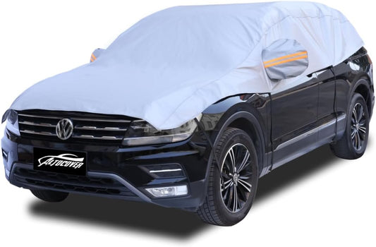 Half Car Cover SUV, Car Cover Sun Protection, UV Rain Snow Proof | Grey, Easy Installation, Paint Protection, Snow Remover, Reflective Strip, Plastic Hooks, Storage Bag, Fits SUV 188-201 inch