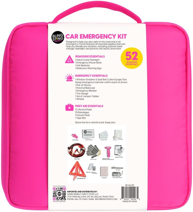 Supercharged Car Emergency Kit – 52-Piece Pink Roadside Safety Tools with Jumper Cables, Flashlight, Escape Tool &amp; First Aid Essentials – Compact Travel Case for Women, New Drivers &amp; Students