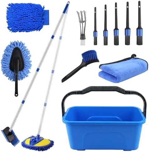 17Pcs Car Wash Kit with Bucket, Car Cleaning Kit with 62" Long Handle Car Wash Brush Mop, Mitt Duster Wheel Brush Detailing Brushes Towel, Car Washing Supplies for Cars RV Truck Exterior and Interior