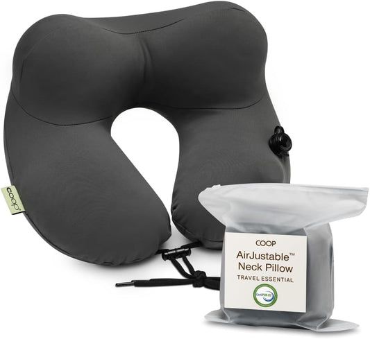 Coop Home Goods AirJustable Travel Neck Pillow, Inflatable, Adjustable Support for Neck & Chin, Compact, Soft Memory Foam Comfort, Airplane Travel Essentials, Cooling & Washable Cover