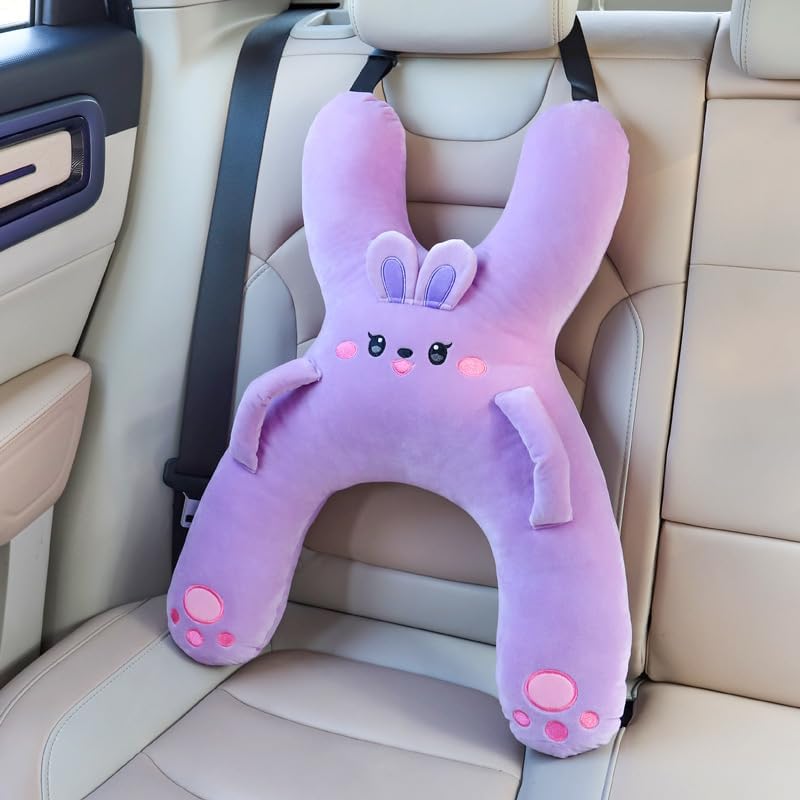 Car Pillow for Travel – Animal-Themed Car Seat Cushion with Safety Belt Protector – 4 Cute Styles: Pig, Dog, Rabbit, Panda (Rabbit)