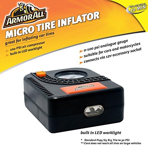 Armor All Micro Tire Inflator Air Compressor - Pump for Automobile, Car, Truck, Bike, Auto With Pressure Gauge, LED Light - 12v Portable, Battery Clips