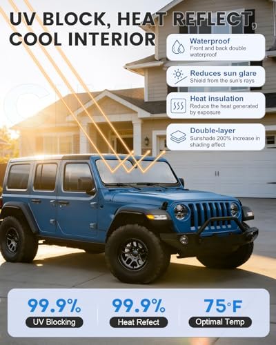 Windshield Sun Shade for Jeep Wrangler TJ JK JL & Gladiator JT 2/4 Door | No Pattern Sunshade | UV Blocking Sunshade for Jeep Wrangler Heat Shield Accessories