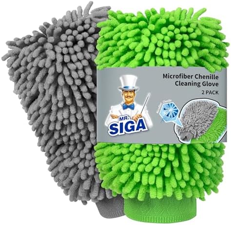 MR.SIGA Premium Microfiber Soft Chenille Car Wash Mitt, Pack of 2, Gray & Green