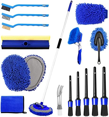 62'' Car Wash Brush Kit - Mitt, Mop, Sponge & Long Handle, Scratch-Free Chenille Replacement Head, Wheel Tire Brush, Car Detailing Kit for Cars, RV, Truck