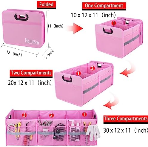 Homeve Large Collapsible Trunk Organizer with Multi Pockets, 3 Compartments Storage Organizer for Car, SUV, Minivan
