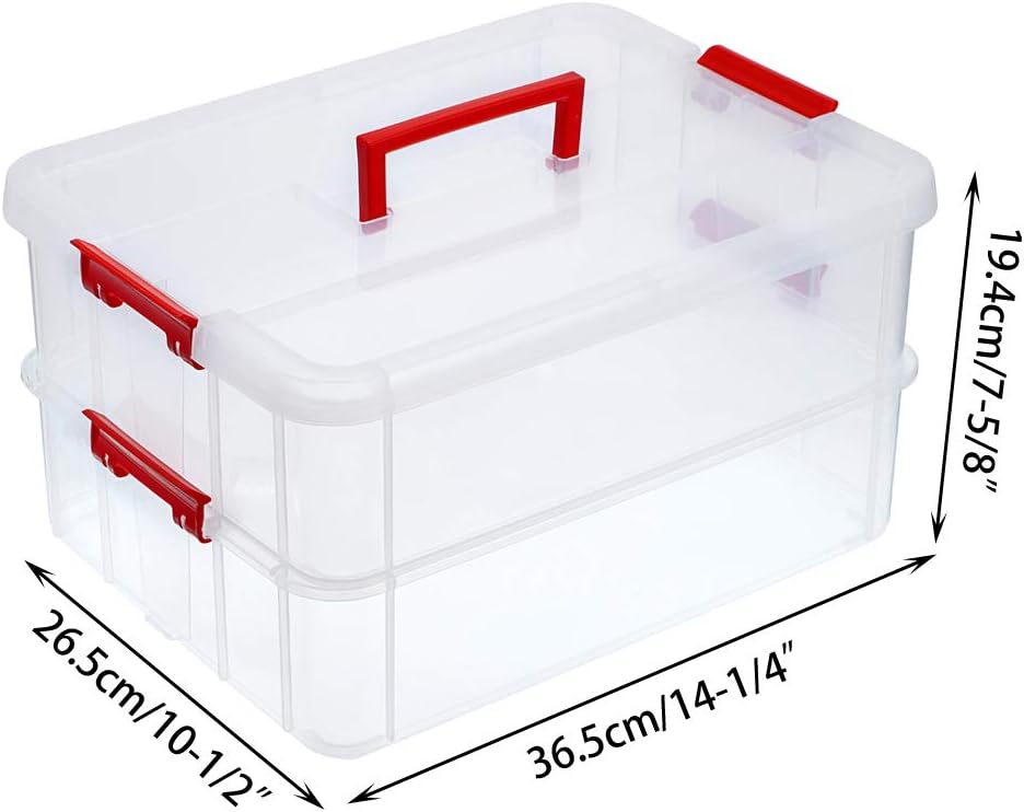 BTSKY 2 Layer Stack & Carry Box, Plastic Multipurpose Portable Storage Container Box Handled Organizer Storage Box for Organizing Stationery, Sewing, Art Craft, Jewelry and Beauty Supplies(Red)