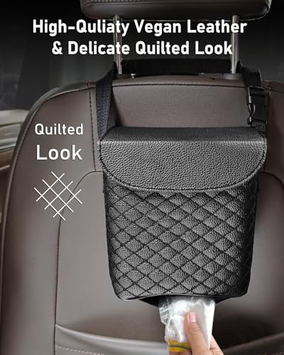 BELINOUS Leather Car Trash Can with Matching Tissue Holder | Waterproof and Leakproof, Mini Car Trash Can with Lid, Adjustable Strap, Small Garbage Bin