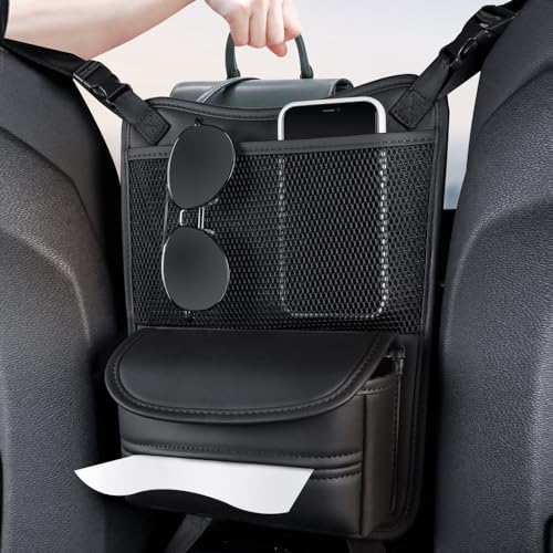 Car Purse Holder Between Seats Car Organizer, Leather Large Capacity Car Handbag Holder for Front Seat, Seat Back Net Bag Double-sided Tissue Storage Handbag Holder Car Accessories (Black)