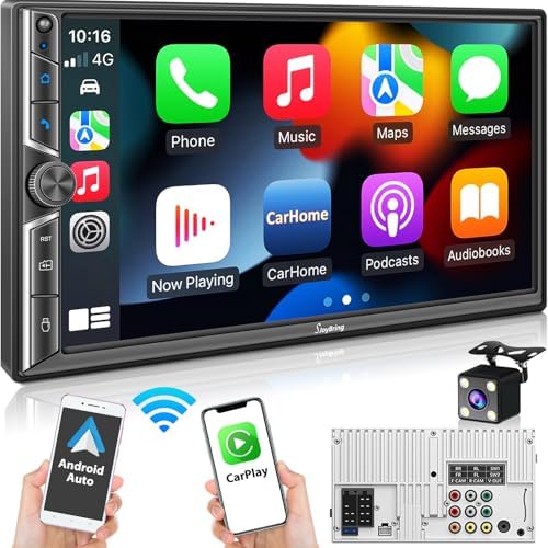 7" Double Din Car Stereo Compatible with Wireless Apple CarPlay & Android Auto, 240W 4.2-Channel Dual Subwoofer Ports, Touchscreen, Bluetooth 5.3, Mirrorlink, Backup Camera, FM/AM Car Radio