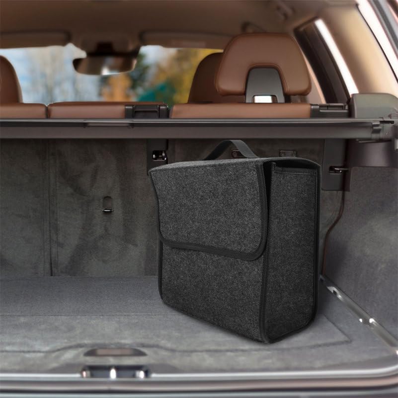 2-Pack Felt Car Trunk Organizer with Lid: Small Collapsible Cargo Storage Box Bin for Compact Sedan &amp; SUV - Anti-Slip Noise-Free Auto Interior Storage Bag for Groceries &amp; Tools, 11.79"x11.00"