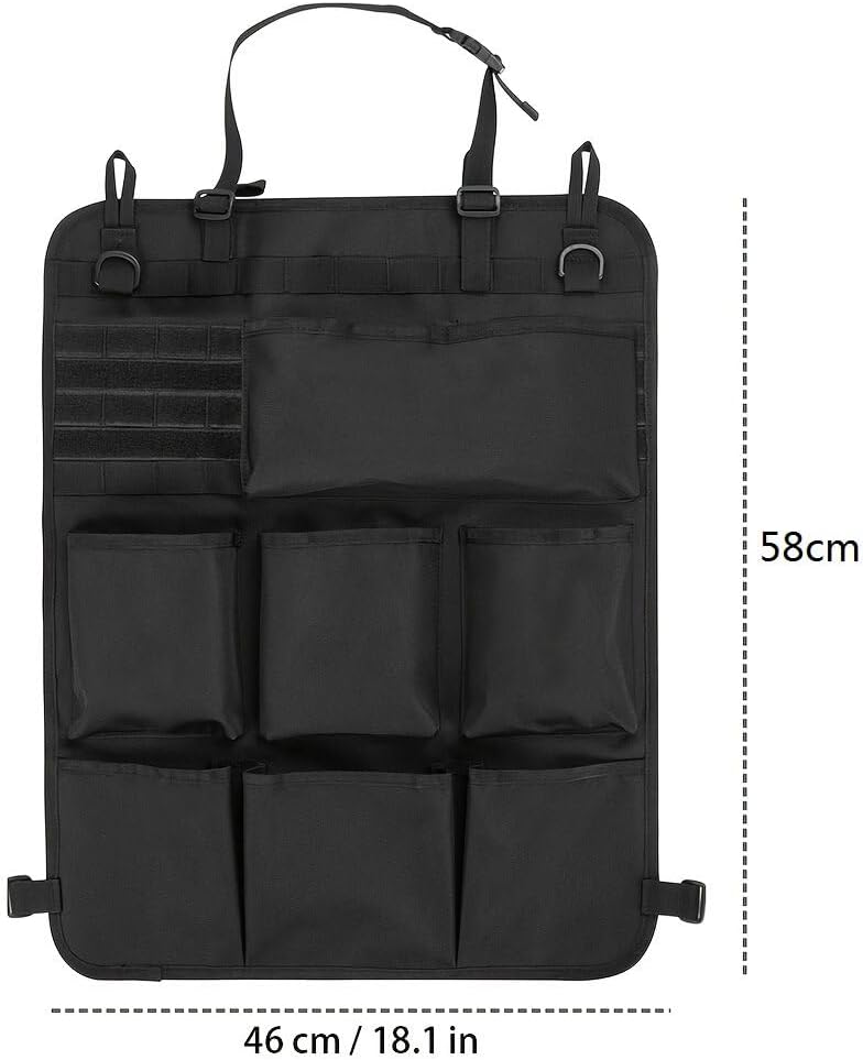 Tactical Universal Car Front Seat Back Organizer 18 x 23 Inch Seat Back Organiser with 7 Storage Pouch, with Molle System - for Camping, Travel,Huntting (Black)