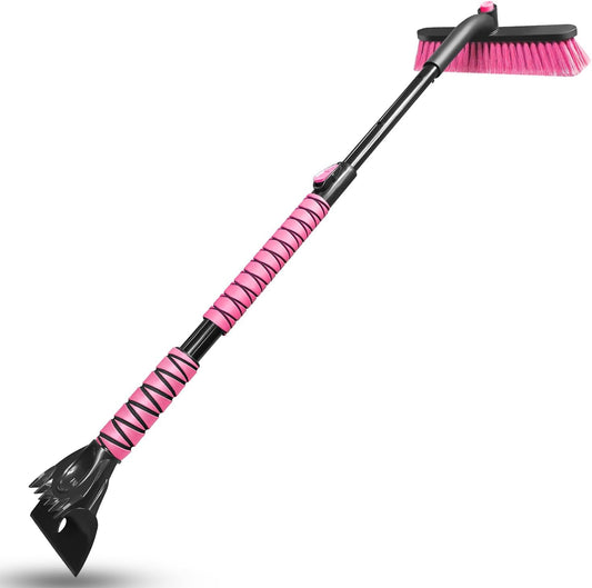 HEEYA 44 Inch Snow Brush for SUV, Ice Scraper for Car Windshield Window, Extendable Snow Scraper and Brush with Comfortable Foam Grip for Truck Vehicle Automobile - Pink