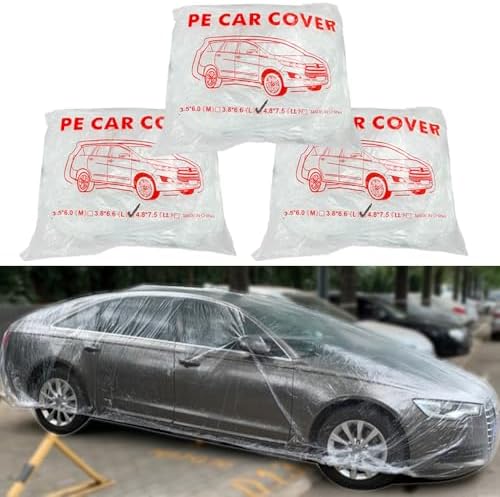 LuliKa 3 Packs Disposable Car Cover Clear Plastic Car Cover Universal Rain Dust Garage Cover with Elastic Band Medium (12.4 FT x 21.6 FT)…