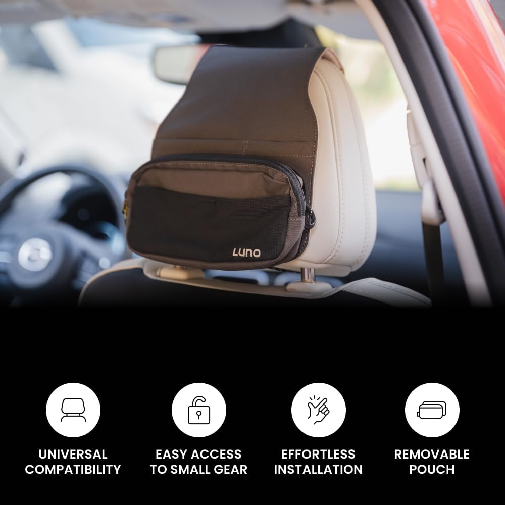 Luno Universal Headrest Organizer – Car Headrest Storage for Car with 5 Pockets, Removable MOLLE Pouch & Customizable Storage | Fits All Vehicles for Camping, Overlanding & Everyday Gear Access