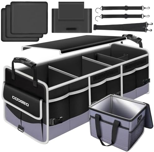 Car Trunk Organizer with Portable Leak Proof Cooler Bag, 3 Compartments Collapsible Car Organizers and Storage with Foldable Cover, Fathers Day Dad Gifts, Suitable for SUV, Auto, Truck, Minivan