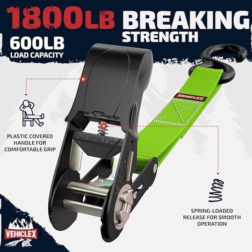 Ratchet Tie Down Straps (1,800 lbs Break Strength) - Vehiclex 15 Ft Versatile Straps for Powersports, Garage, and Outdoor Use - Soft Loops, Deep S-Hooks & Comfort Grip Handle (4 Pack, Green)
