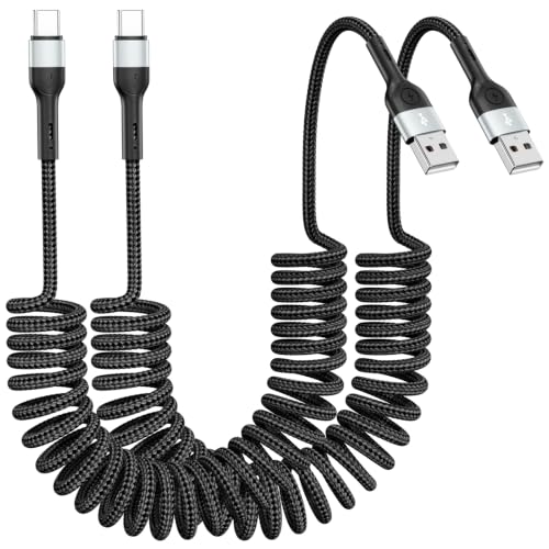 Coiled USB C Cable 2 Pack 3FT, USB A to USB C Car Charger Cable for CarPlay