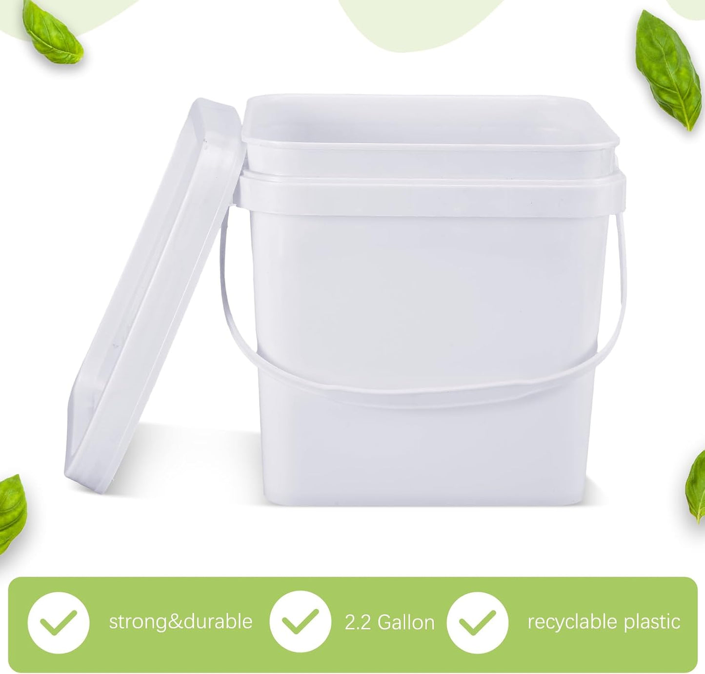 Suzile 2.2 Gallon Square Bucket with Lid Food Grade Plastic Bucket 10L Utility Industrial Pail with Handle Container for Food Oil Tub Water Fishing Paint House Cleaning Car Washing(White,10pcs)