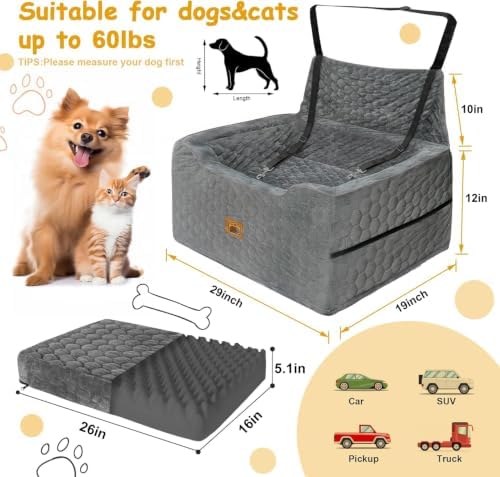 Dog Car Seat for Medium/Large Dog Booster Seat Under 60 lbs or 2 Small Dogs, Multi-Functional Pet Car Seat with Thick Cushion, 2 Safety Leashes (Gray)