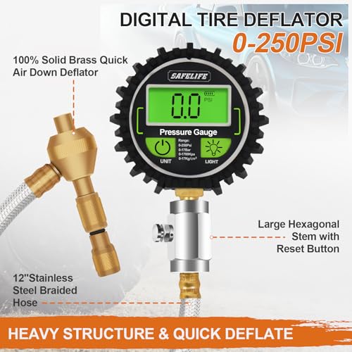 SAFELIFE 4x4 Digital Tire Deflator kit，Professional Tire Pressure Gauge 250PSI, Rapid Air Down Tire Deflators Offroad Accessories