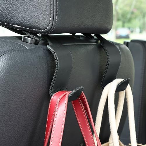 Amooca Car Seat Headrest Hook 4 Pack Metal Core Hanger Universal Car Storage Organizer for Handbag Purse Coat S Type Leather Black