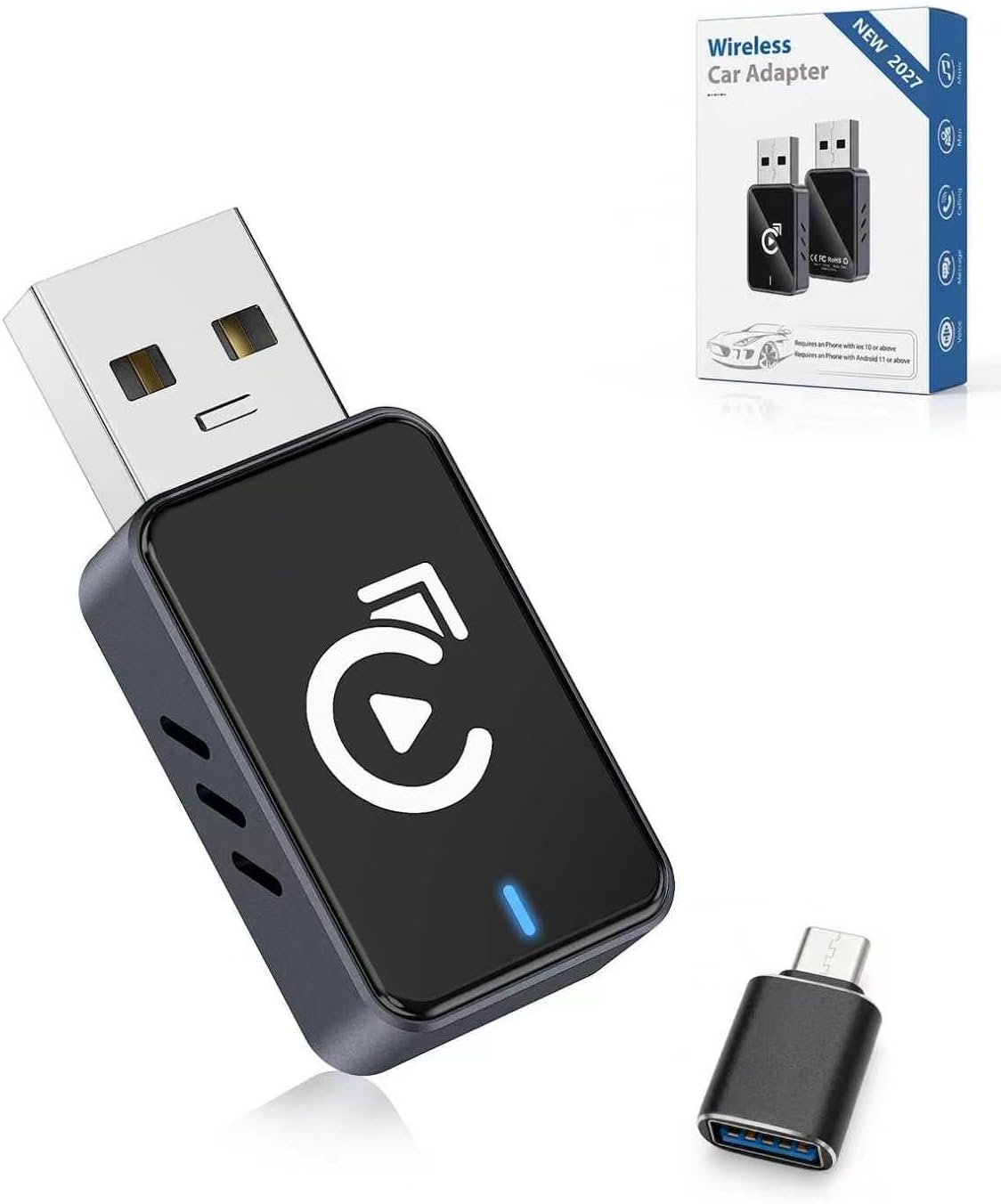 Wireless CarPlay Adapter for Apple iPhone - 2027 Upgraded CarPlay Wireless Adapter with USB C/A, Ultra-mini Bluetooth Car Play Adapter - 3s Auto Connect Stable Connection - Space Black