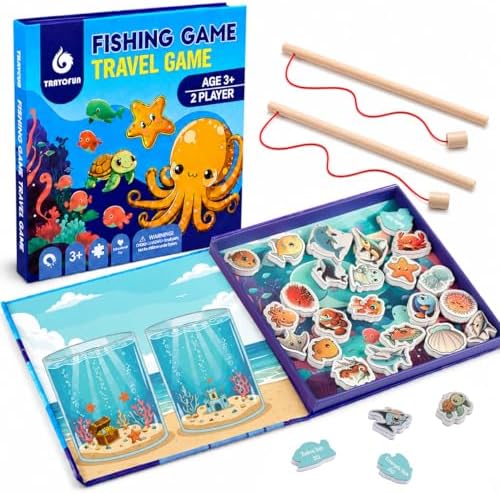 TRAVOFUN Magnetic Fishing Game Book for Kids Ages 3-8, Travel Toys for Toddlers 3-5, Road Trip and Airplane Activities, Quiet Portable Car Ride Toy with 2 Poles and 27 Ocean Fish